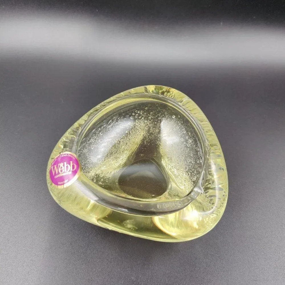 Vintage Yellow Ashtray Hand Cut Lead Crystal Textured Webb Continental Hungary